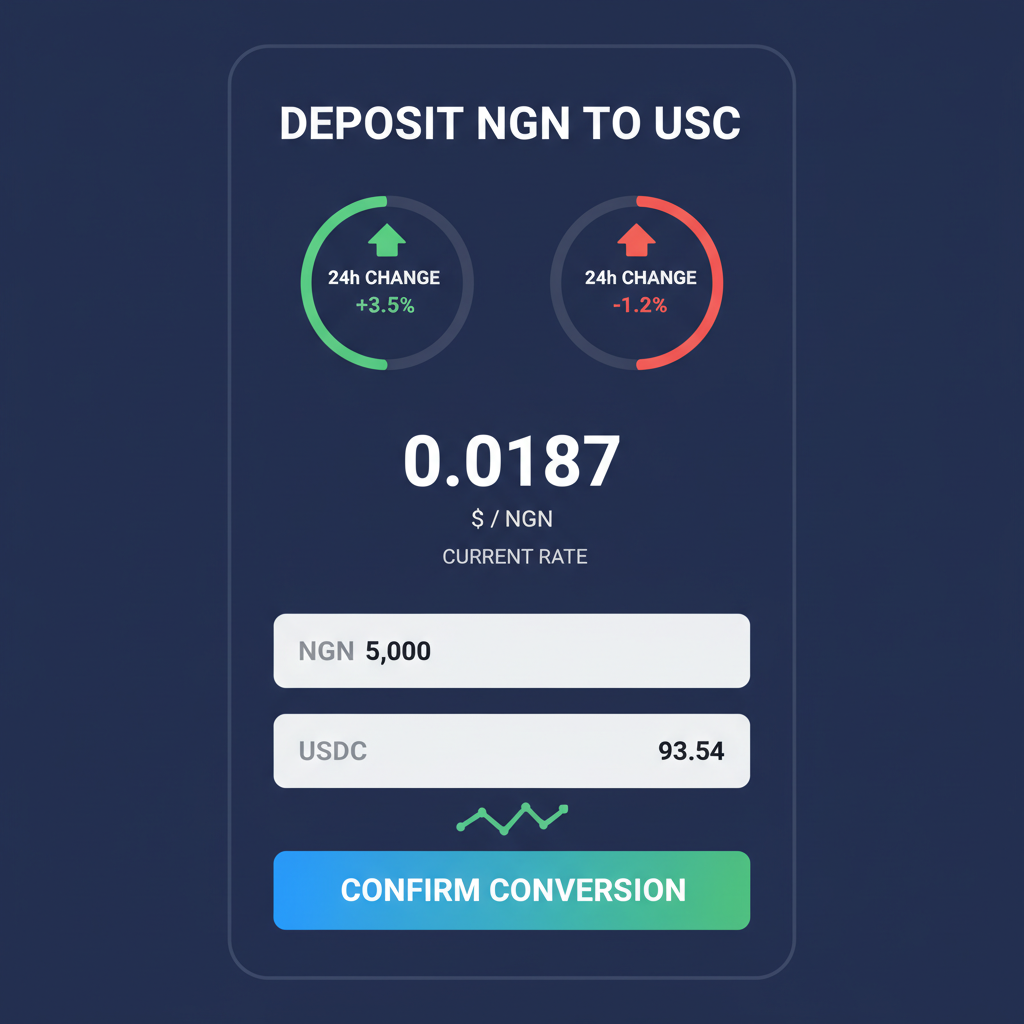 mobile app screen showing deposit NGN to USDC conversion at $0.0187 rate, charts with 24h change, precise financial UI