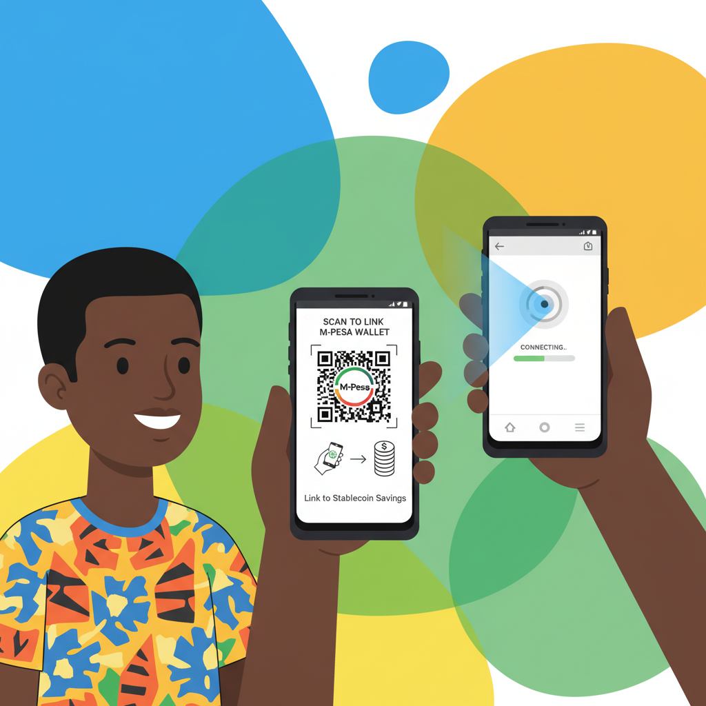 mobile phone scanning QR code to link M-Pesa wallet to stablecoin savings app, clean interface, African user, vibrant colors