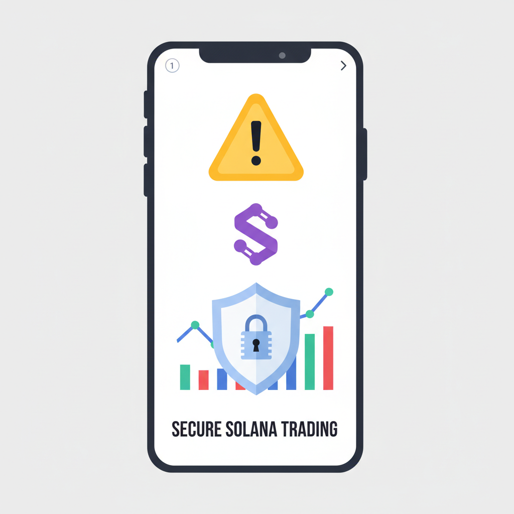 smartphone with warning icon, Solana logo, secure lock shield, modern mobile trading setup