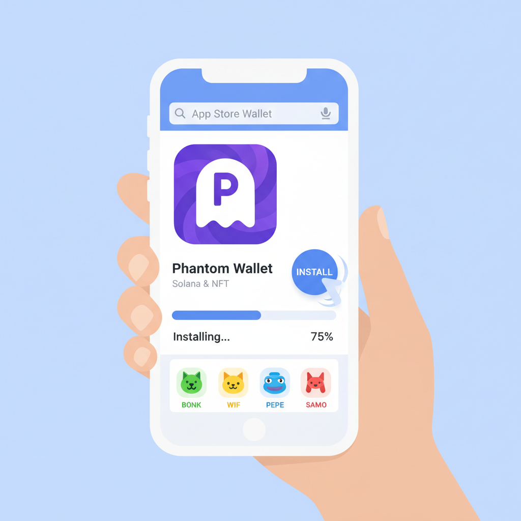 mobile screen installing Phantom wallet app, Solana memecoin icons, clean app store interface