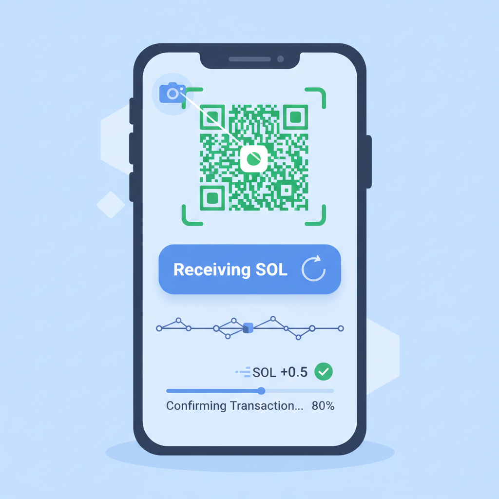 wallet app receiving SOL transfer, QR code scan, blockchain transaction animation
