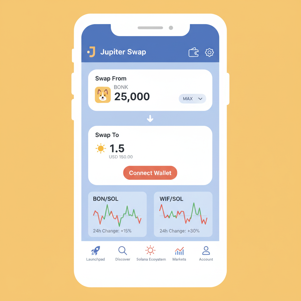 mobile DEX interface with Jupiter swap screen, memecoin charts, Solana ecosystem