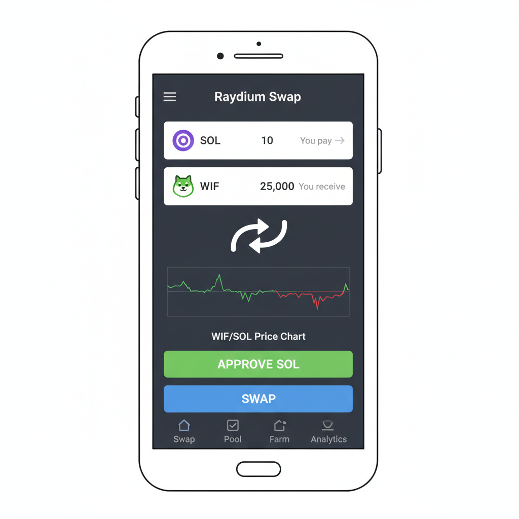 phone screen swapping SOL for memecoin on Raydium, charts and buy button