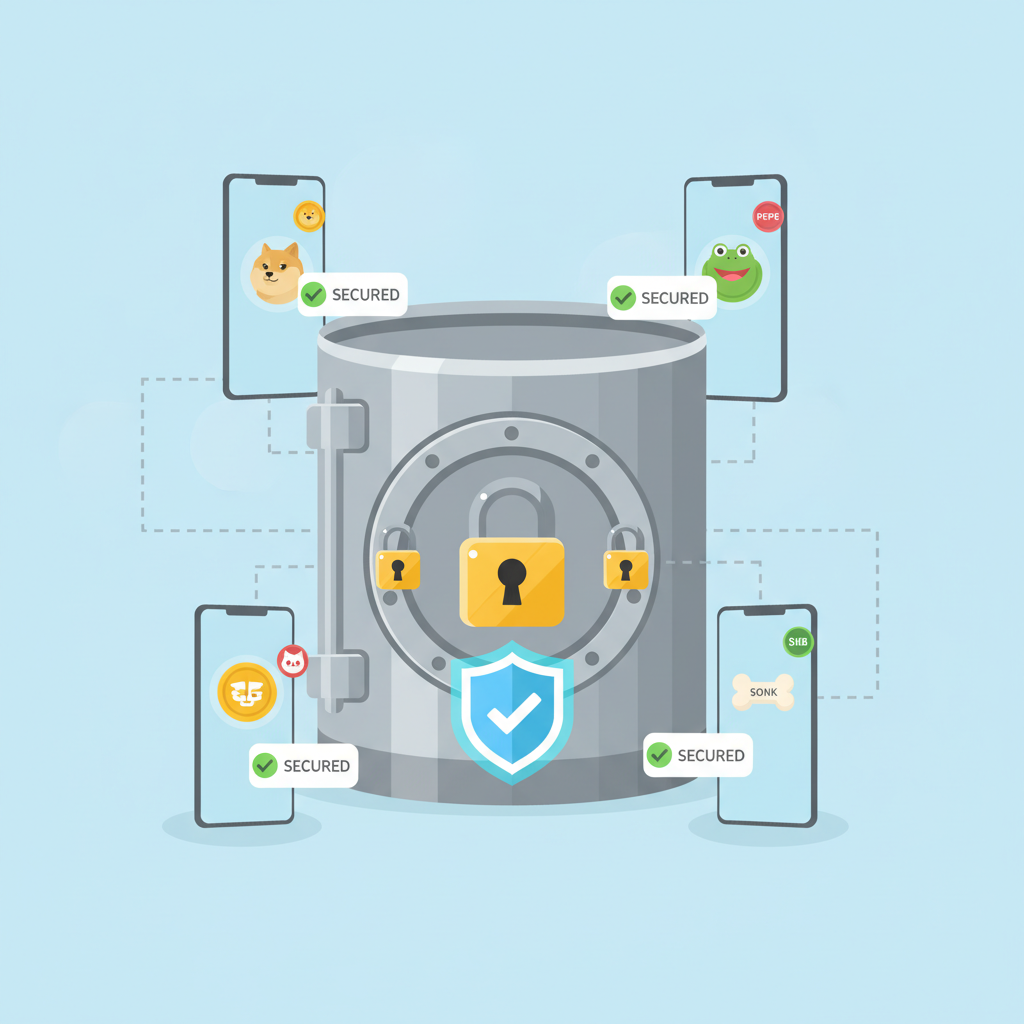 secure vault with memecoins, lock icons, mobile notifications, safety shield