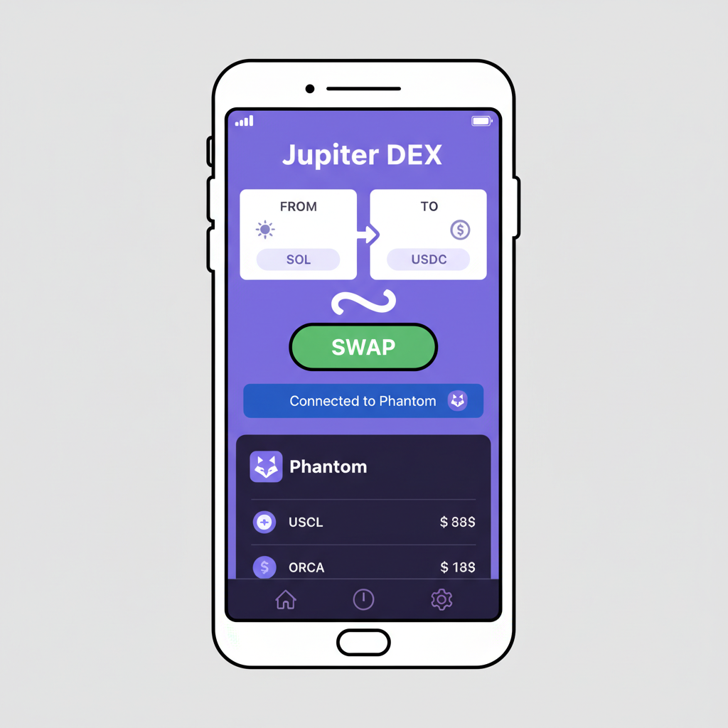 mobile screen Jupiter DEX connected to Phantom wallet interface