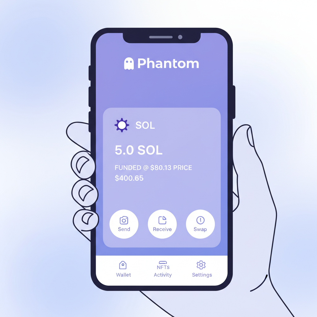 Phantom wallet mobile screen showing SOL balance funded at $80.13 price