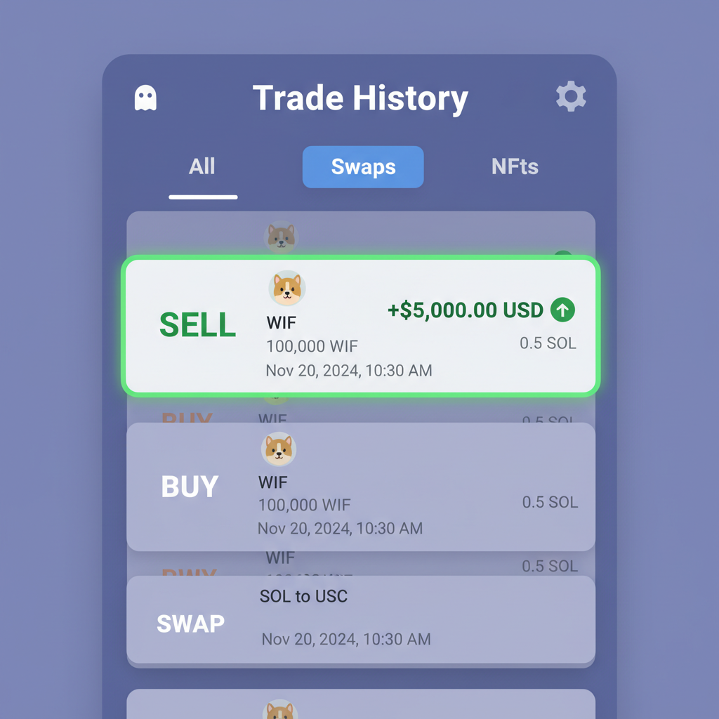Phantom wallet trade history screen with profitable memecoin sell