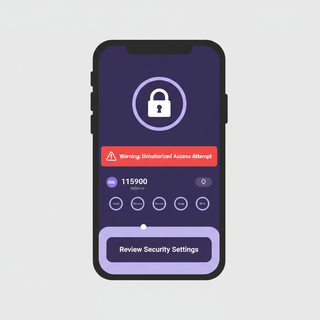mobile phone with Phantom wallet app open, security lock icon, warning alert