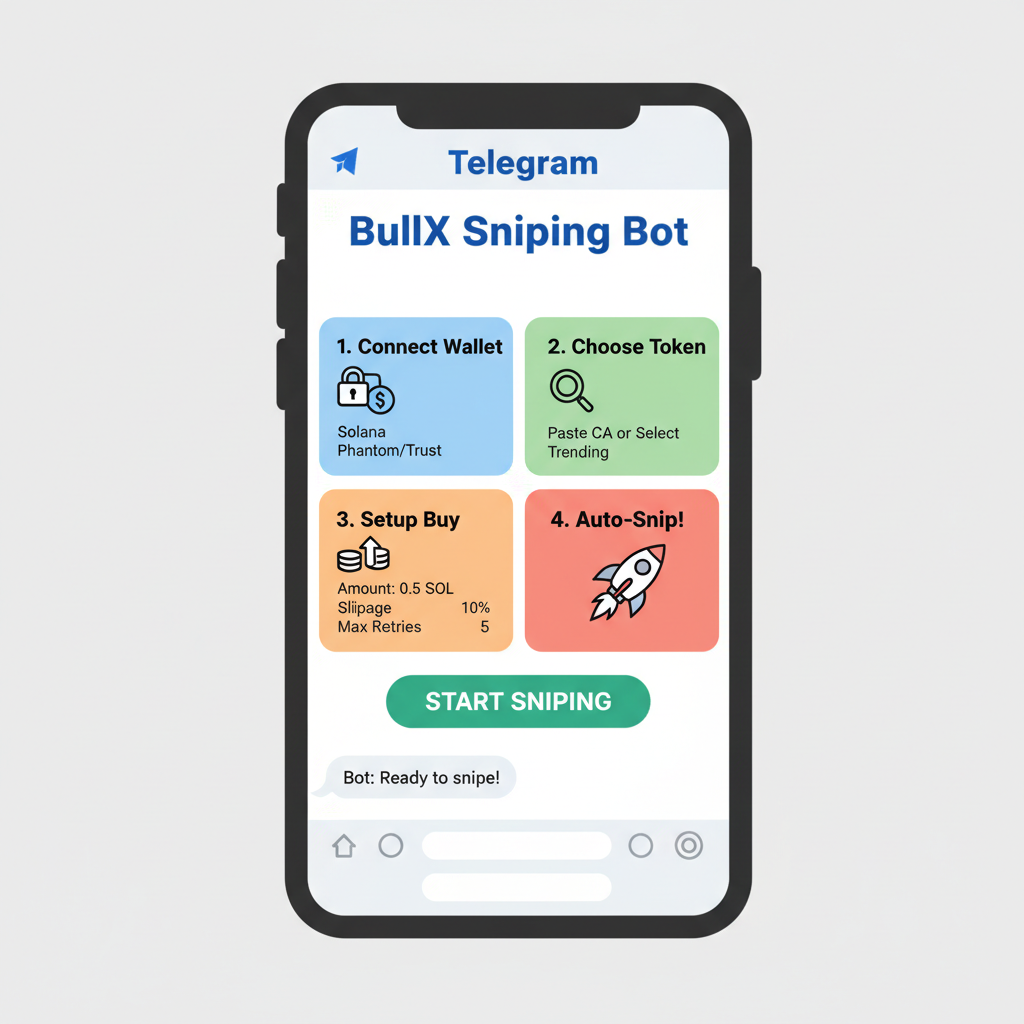 Telegram BullX bot interface on mobile sniping Solana memecoin setup
