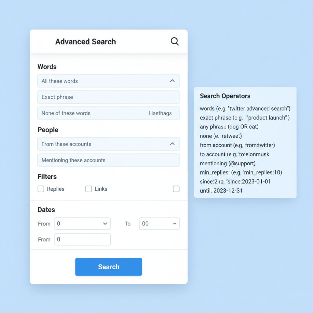 modern Twitter advanced search page screenshot, clean UI, search operators visible