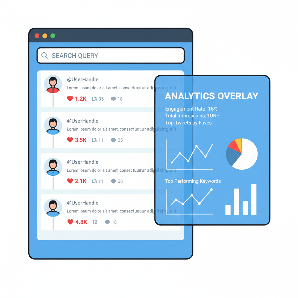 Twitter search results list with high-faves tweets, analytics overlay