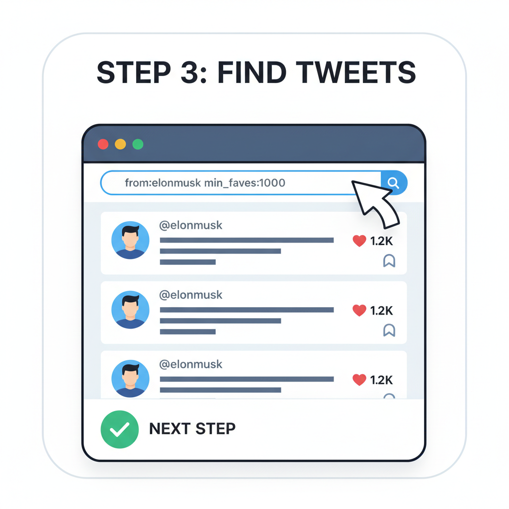Twitter search query 'from:elonmusk min_faves:1000', results preview