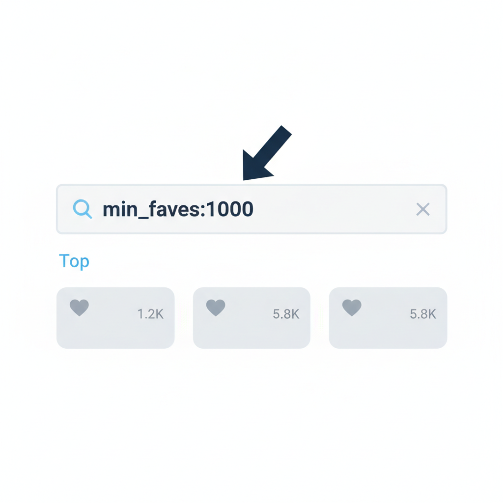 Twitter search bar showing 'min_faves:1000' query, simple interface