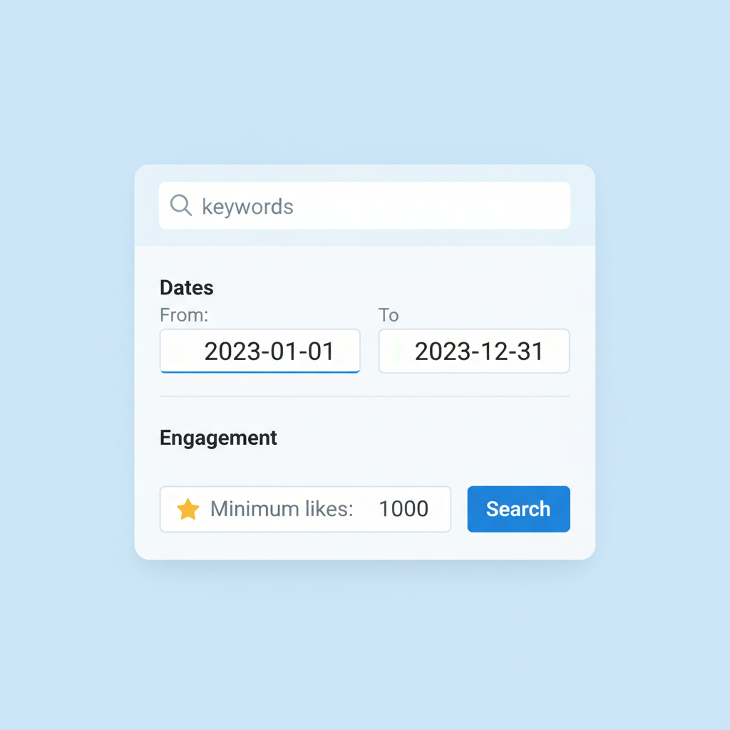 Twitter advanced search with date filters and min_faves query active