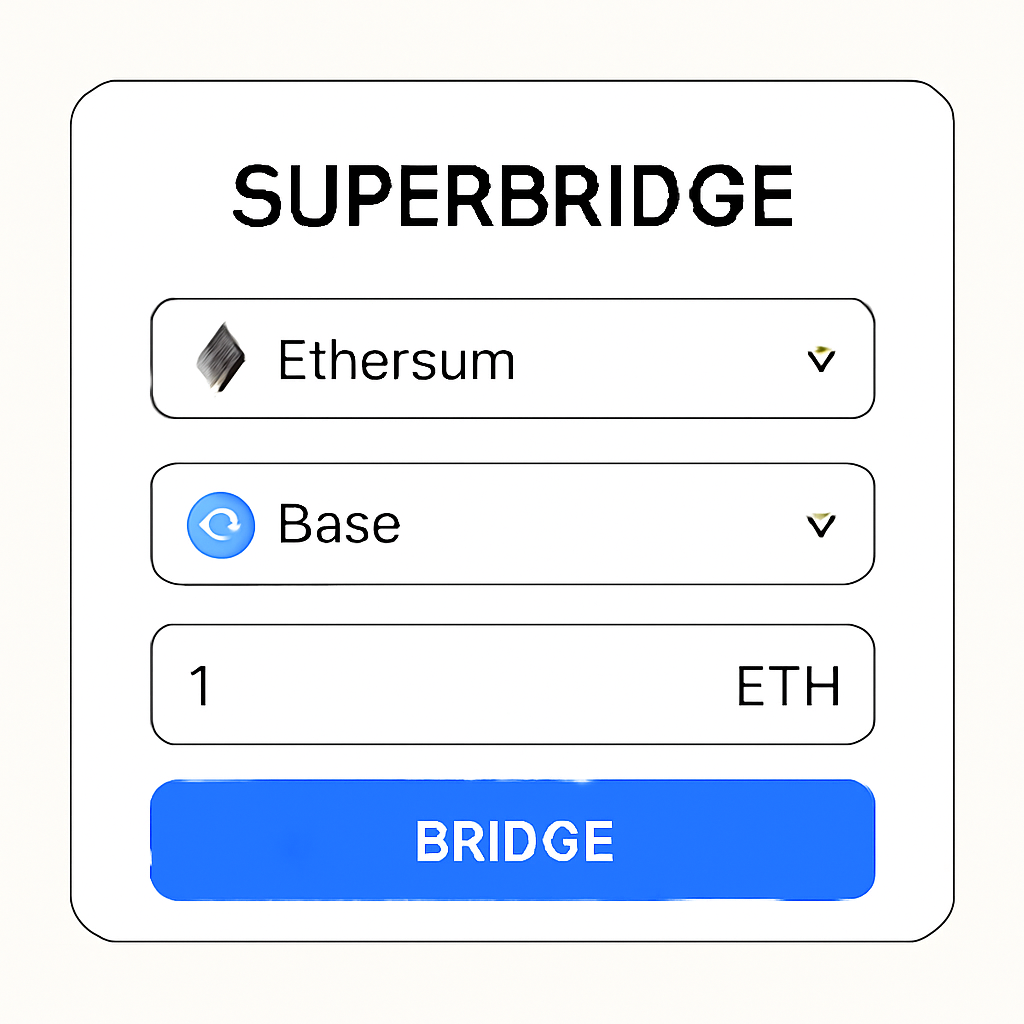 A web interface showing Superbridge with Ethereum and Base selected, ETH amount input, and a 'Bridge' button highlighted.