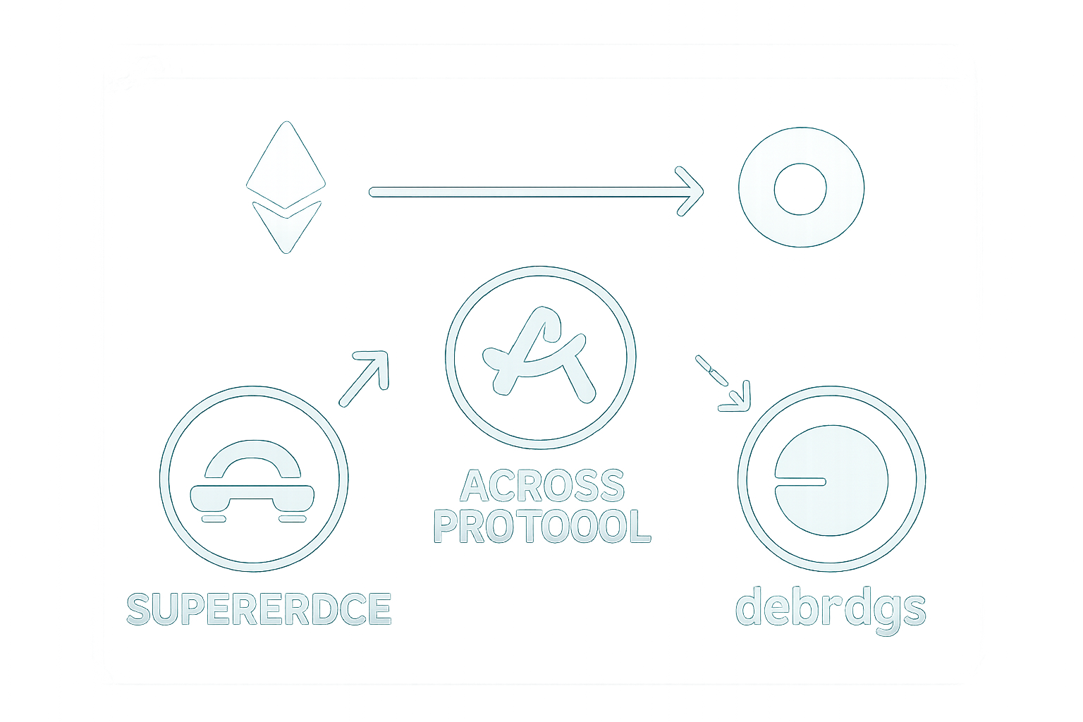 Logos of Superbridge, Across Protocol, and deBridge on a digital dashboard with arrows indicating bridging between Ethereum and Base.