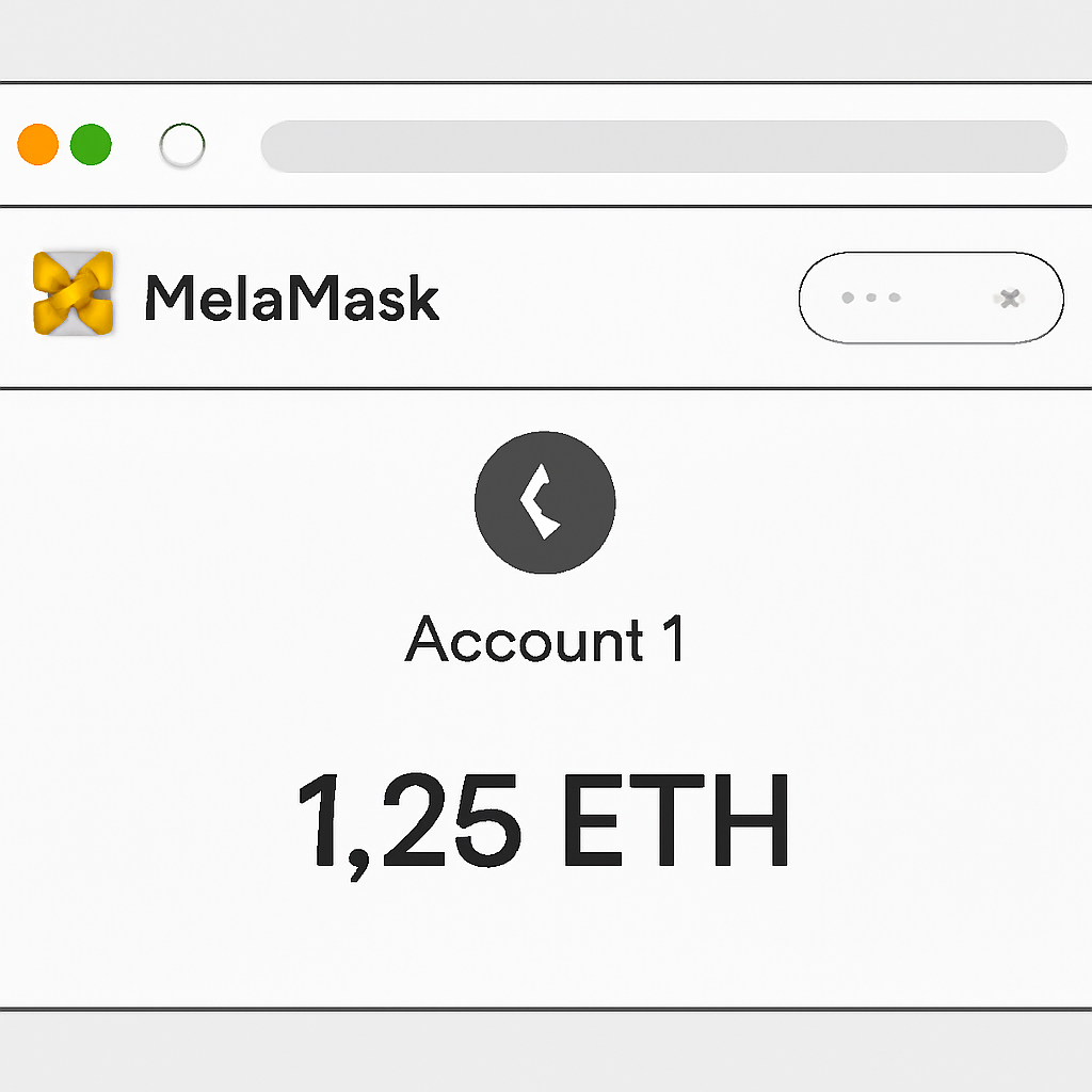 A screenshot-style illustration of a MetaMask wallet with ETH balance displayed, browser interface, and Ethereum logo visible.