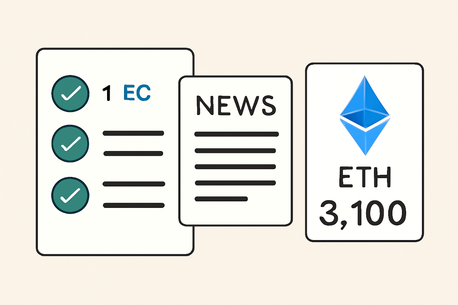 A checklist with a small ETH transaction, a news feed, and the ETH price prominently displayed.