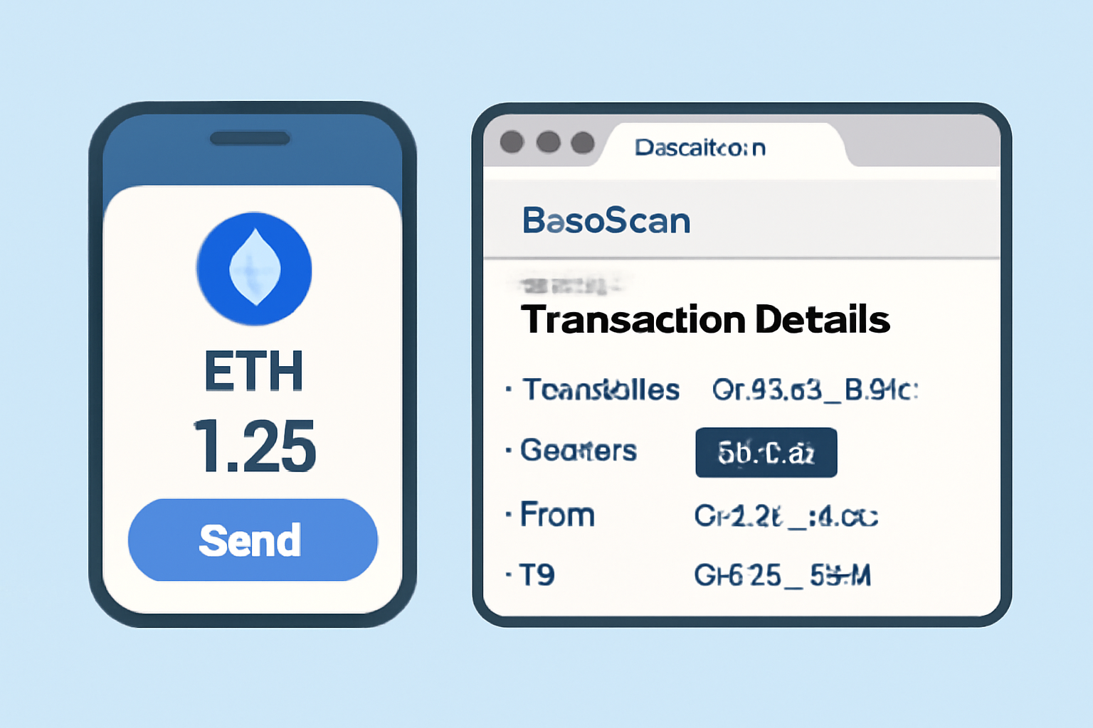 A digital wallet showing ETH on Base network and a browser tab with BaseScan displaying a successful transaction.