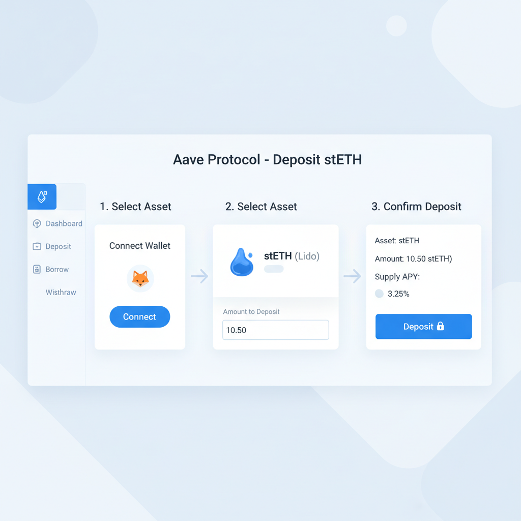 depositing stETH tokens into Aave lending protocol dashboard, blue and white UI