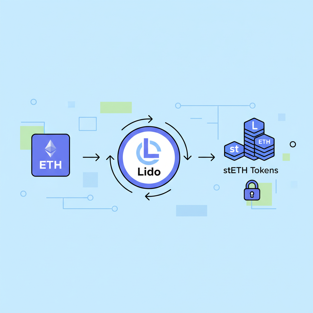 clean illustration of ETH staking on Lido platform receiving stETH tokens, DeFi style