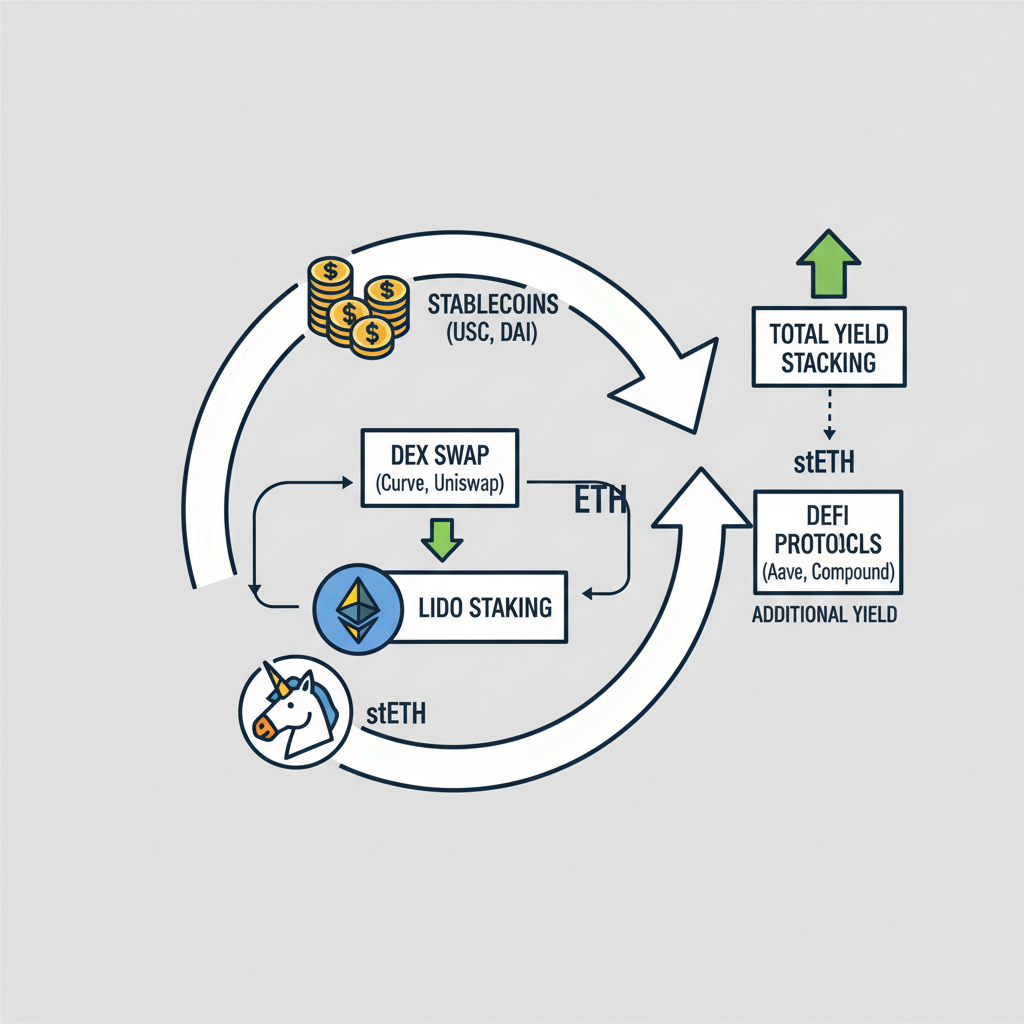 recursive loop diagram swapping stablecoins to ETH stETH on DEX, yield stacking flow