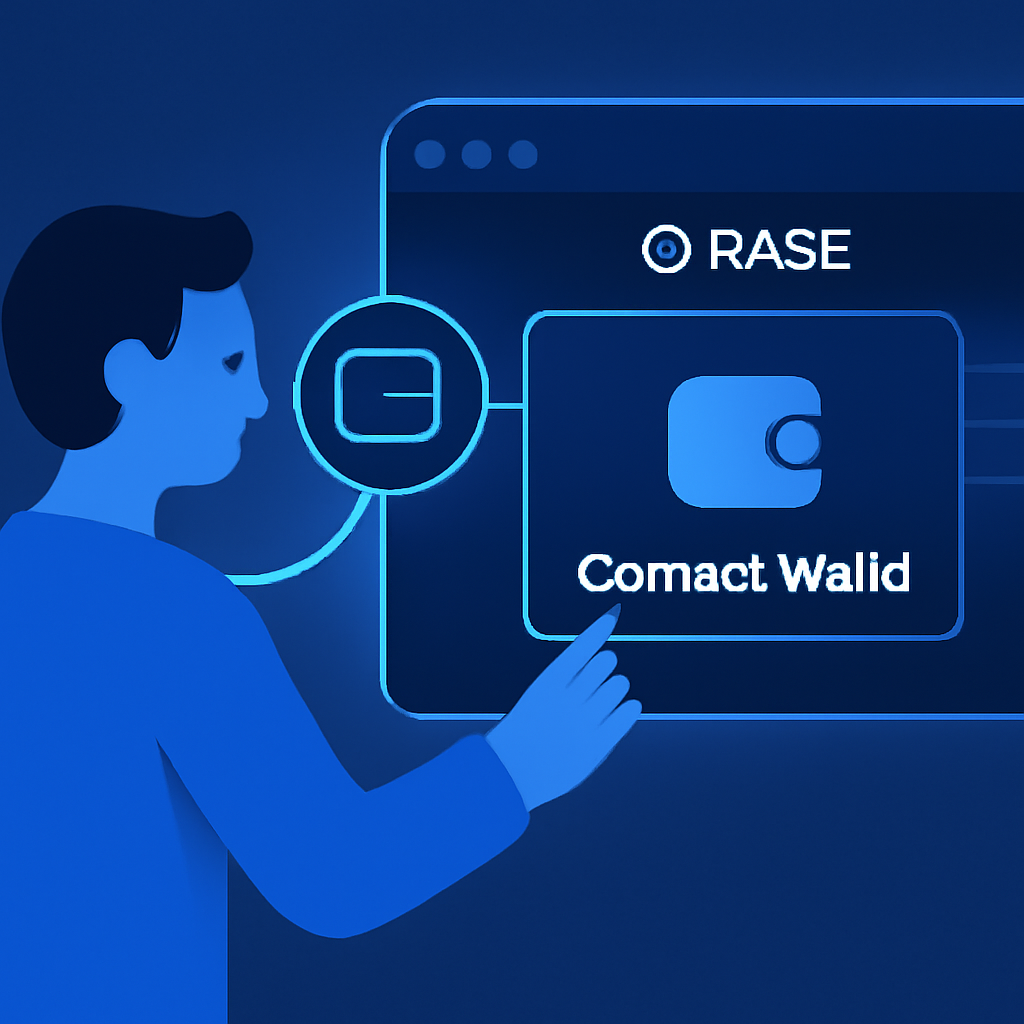 User connecting crypto wallet to sleek web dashboard on Base Network, futuristic neon blues, simple UI