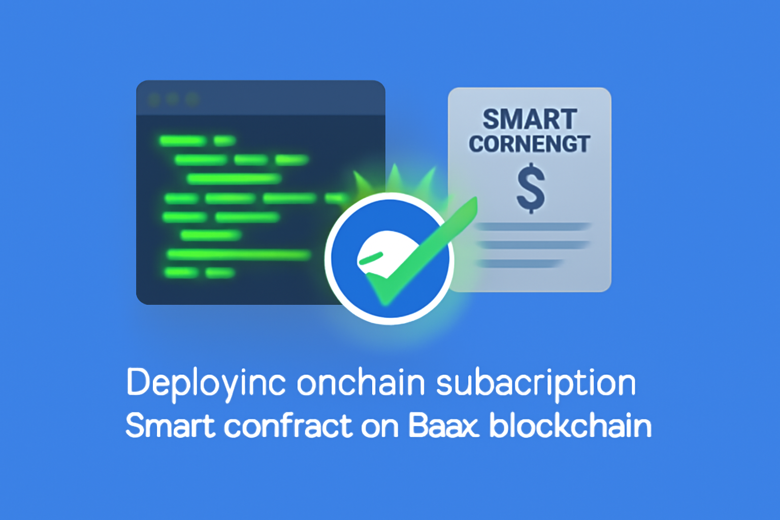 Deploying onchain subscription smart contract on Base blockchain, green success animation, code glowing