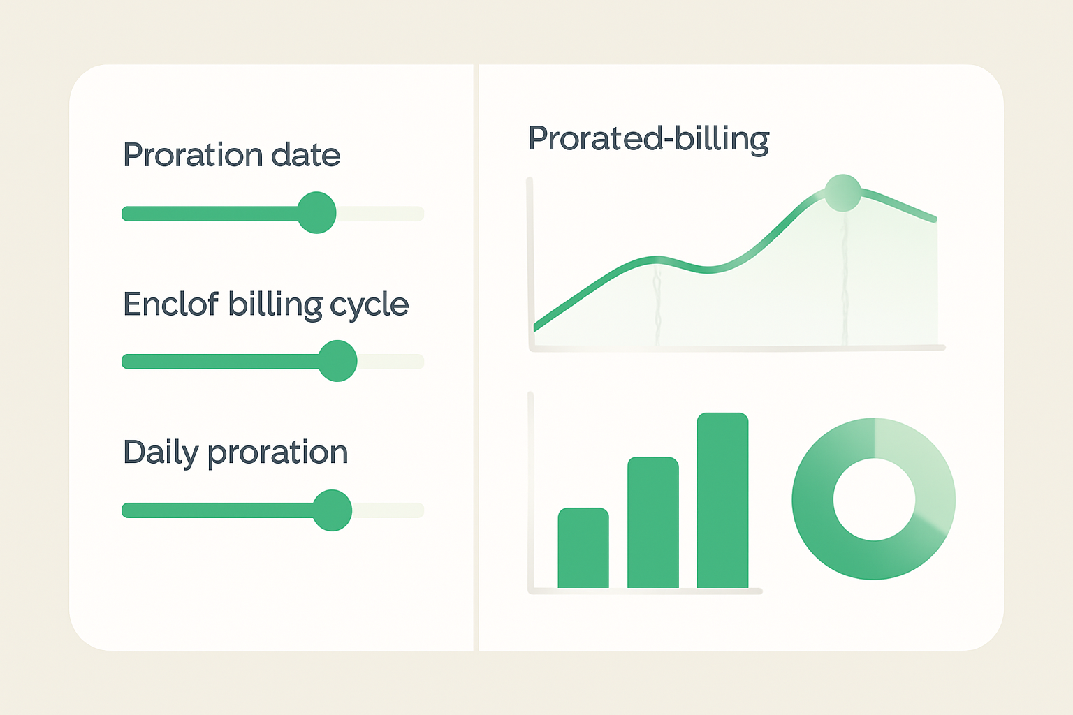 Dashboard sliders adjusting proration parameters for subscriptions, charts showing prorated billing, clean tech style