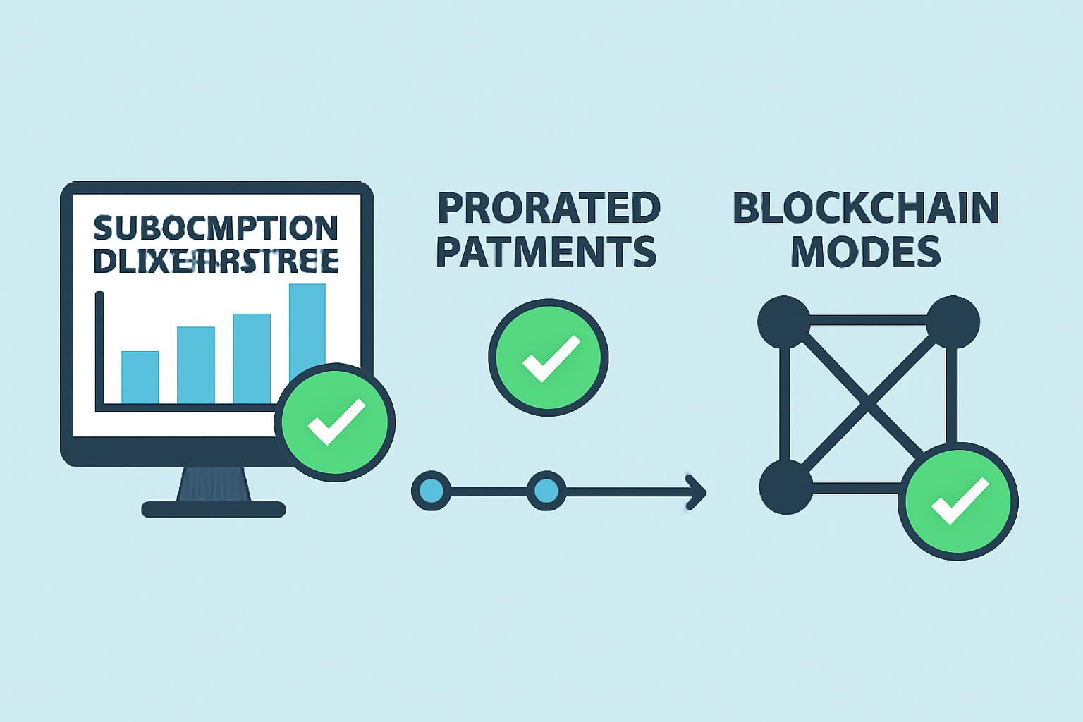Testing subscription billing cycle graph, prorated payments timeline, green checkmarks, blockchain nodes