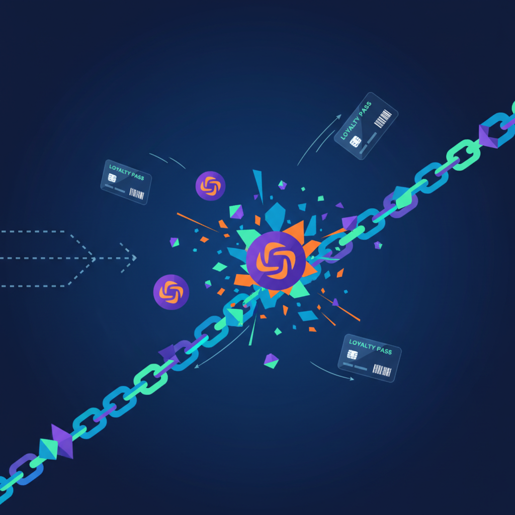 futuristic blockchain chains glowing, polygon and solana logos exploding, energetic retail NFT loyalty cards flying