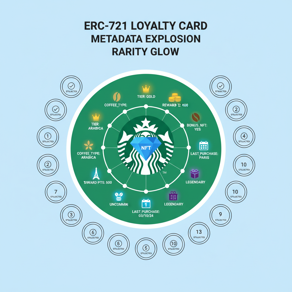 ERC-721 NFT loyalty card design exploding with metadata traits, rarity levels glowing, retail brand style like Starbucks stamps