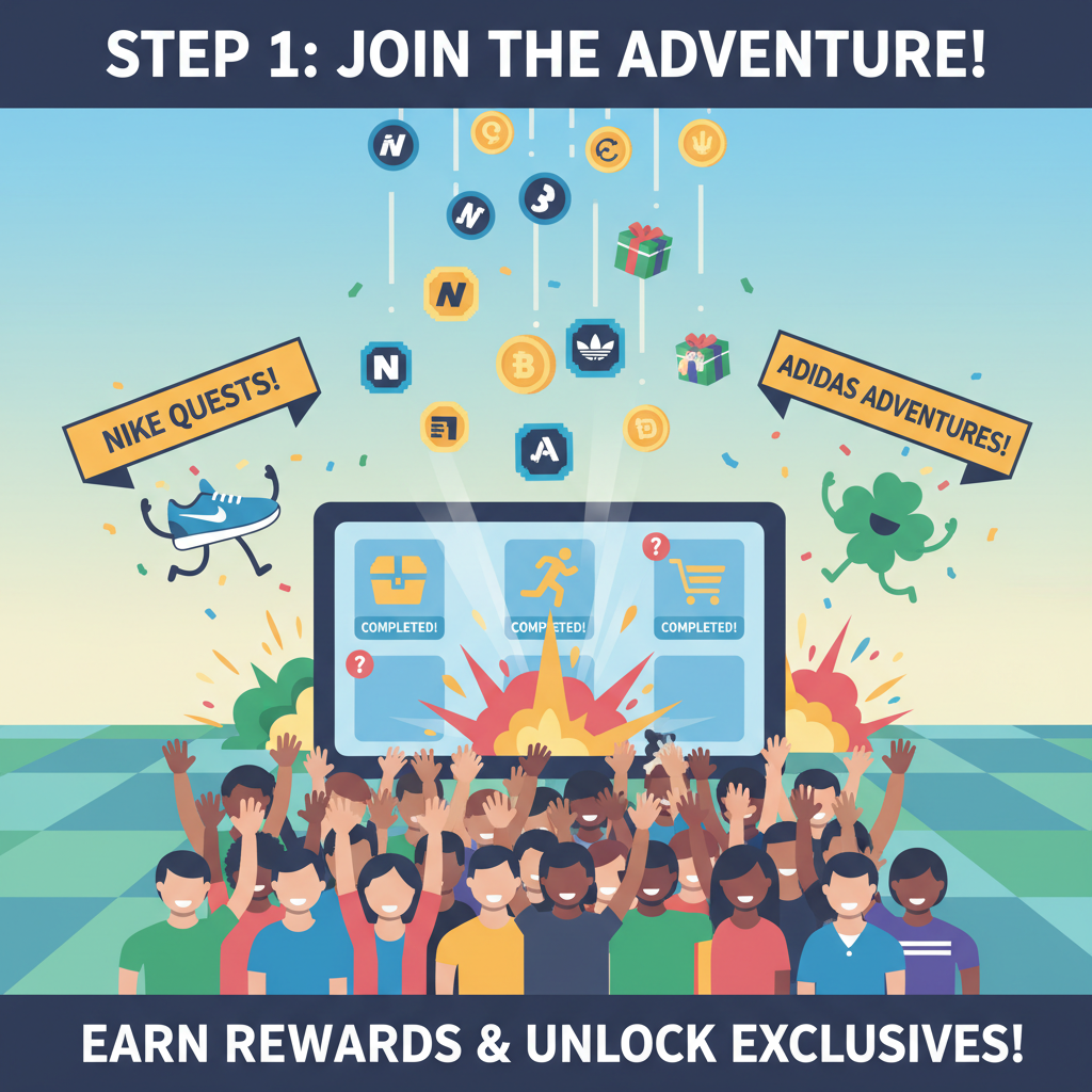 NFT airdrop raining on crowd, gamified loyalty quests exploding, retail brands like Nike and Adidas celebrating