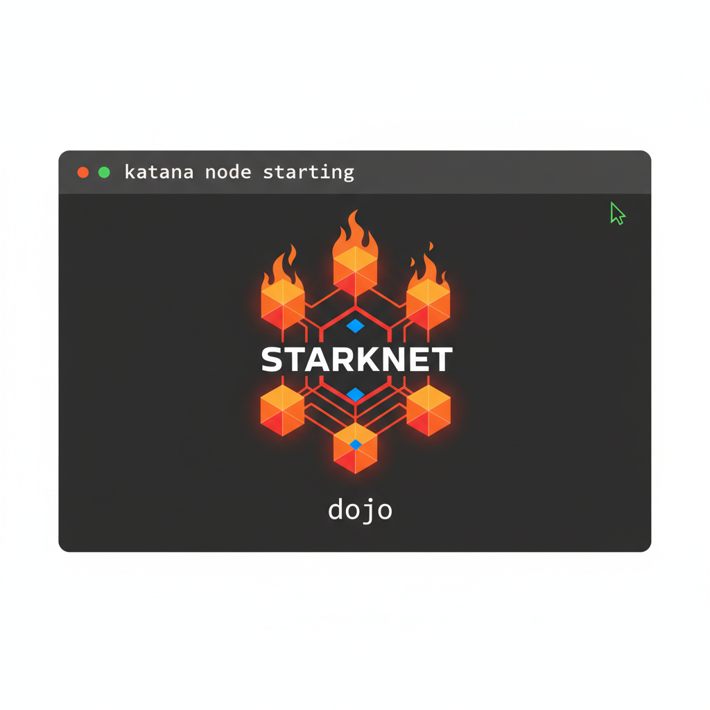 katana node starting in terminal starknet dojo, fiery blockchain node graphic