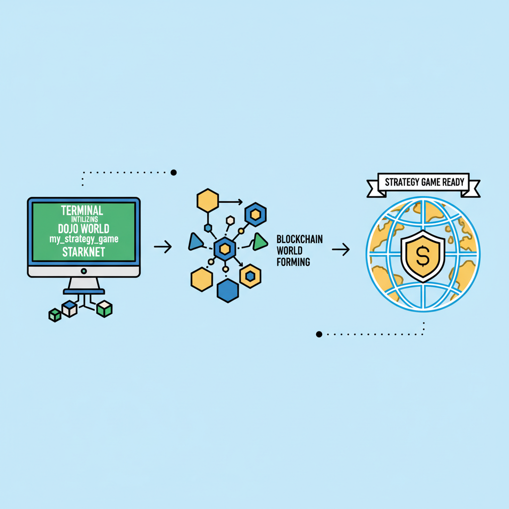 terminal initializing dojo world my_strategy_game starknet, blockchain world forming graphic