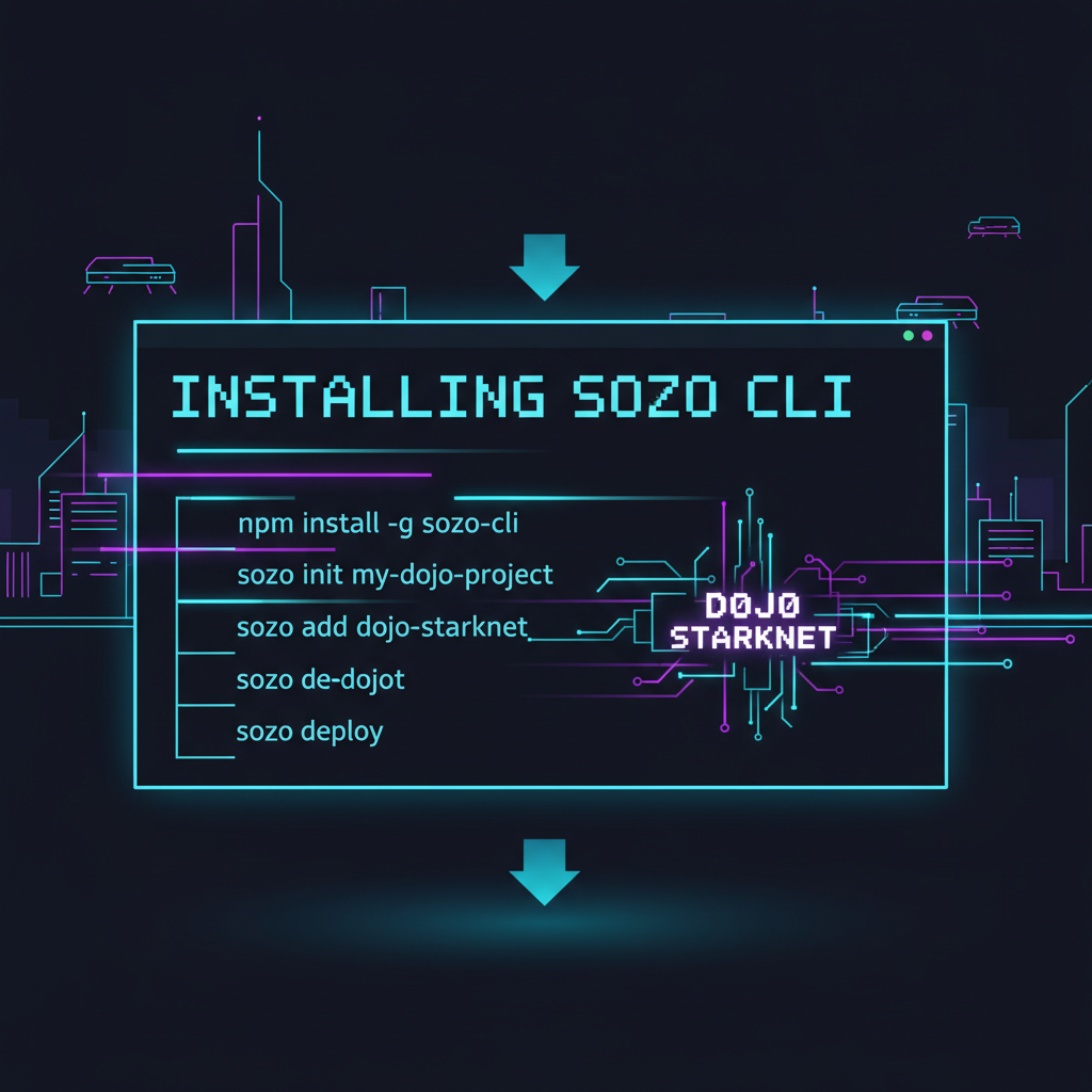 terminal screen installing sozo cli dojo starknet, neon cyberpunk glow, code flying