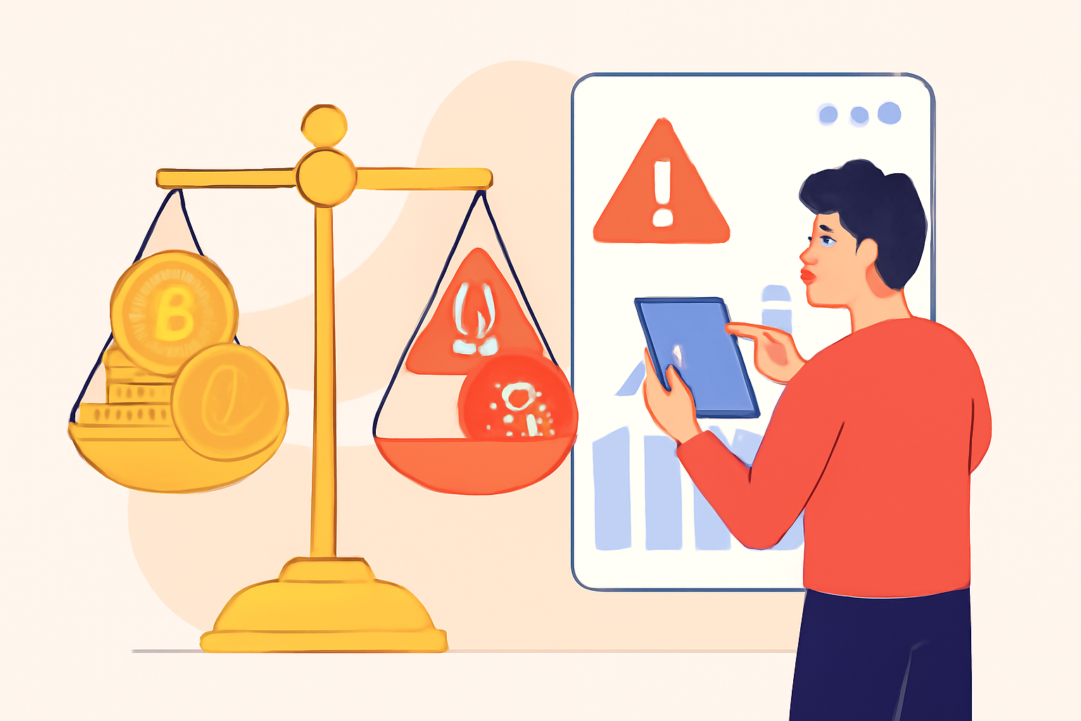 A balance scale with crypto coins on one side and risk symbols on the other, a user checking stats, vibrant and practical