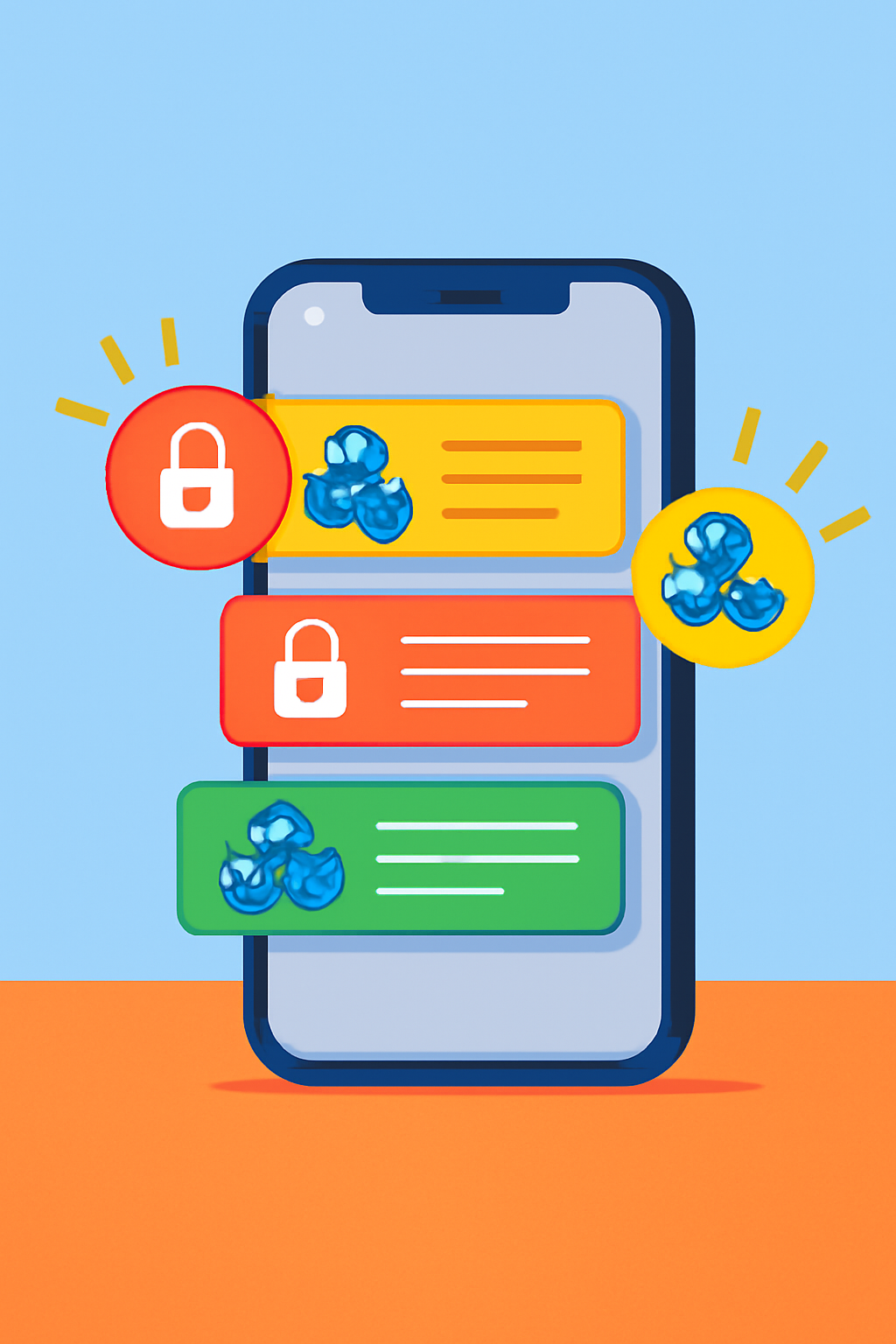 A smartphone receiving alerts and notifications with blockchain and lock symbols, colorful and dynamic