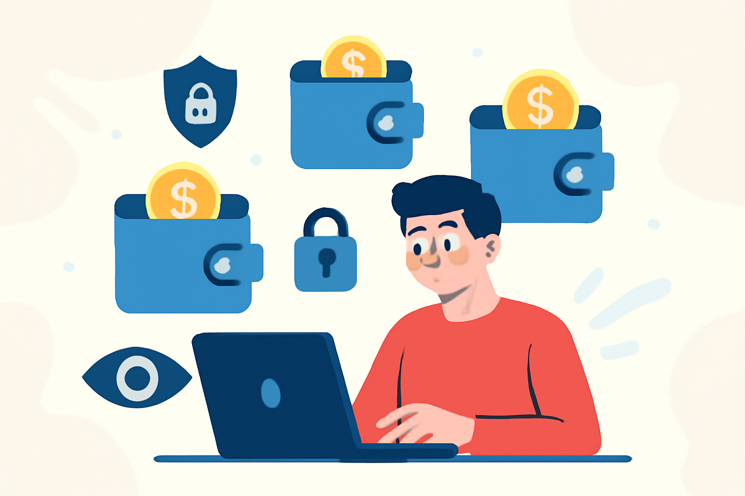 A person using multiple digital wallets on a laptop, with icons representing privacy and security, in a modern, energetic style