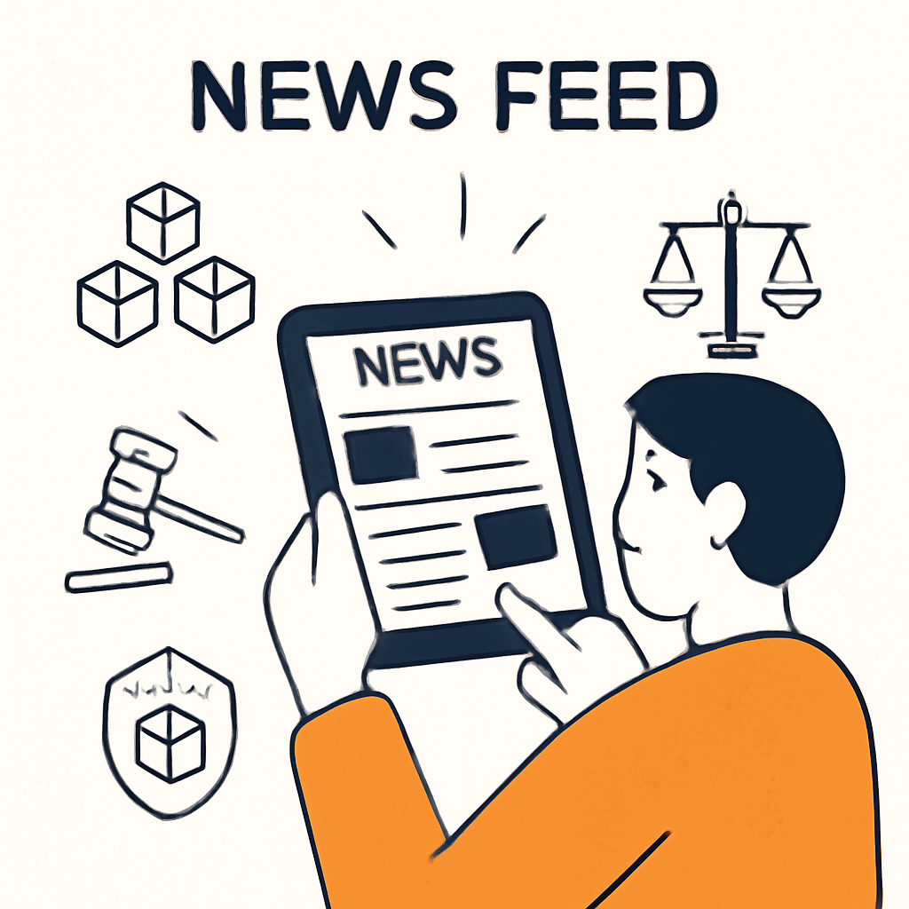 A news feed with blockchain and law icons, a person reading updates on a tablet, energetic and informative