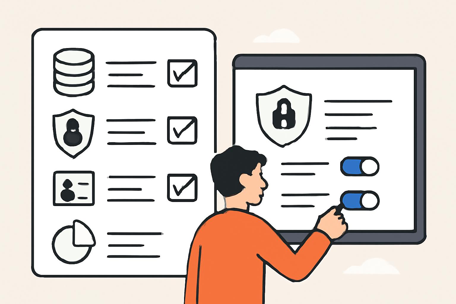 A checklist with data icons and a person reviewing privacy settings on a digital interface, clear and approachable