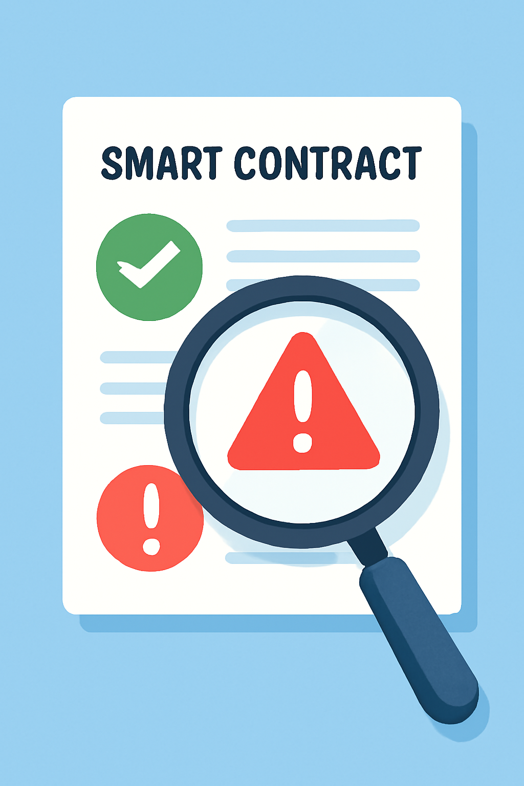 A magnifying glass inspecting a digital smart contract document, with checkmarks and warning signs, bright and clear