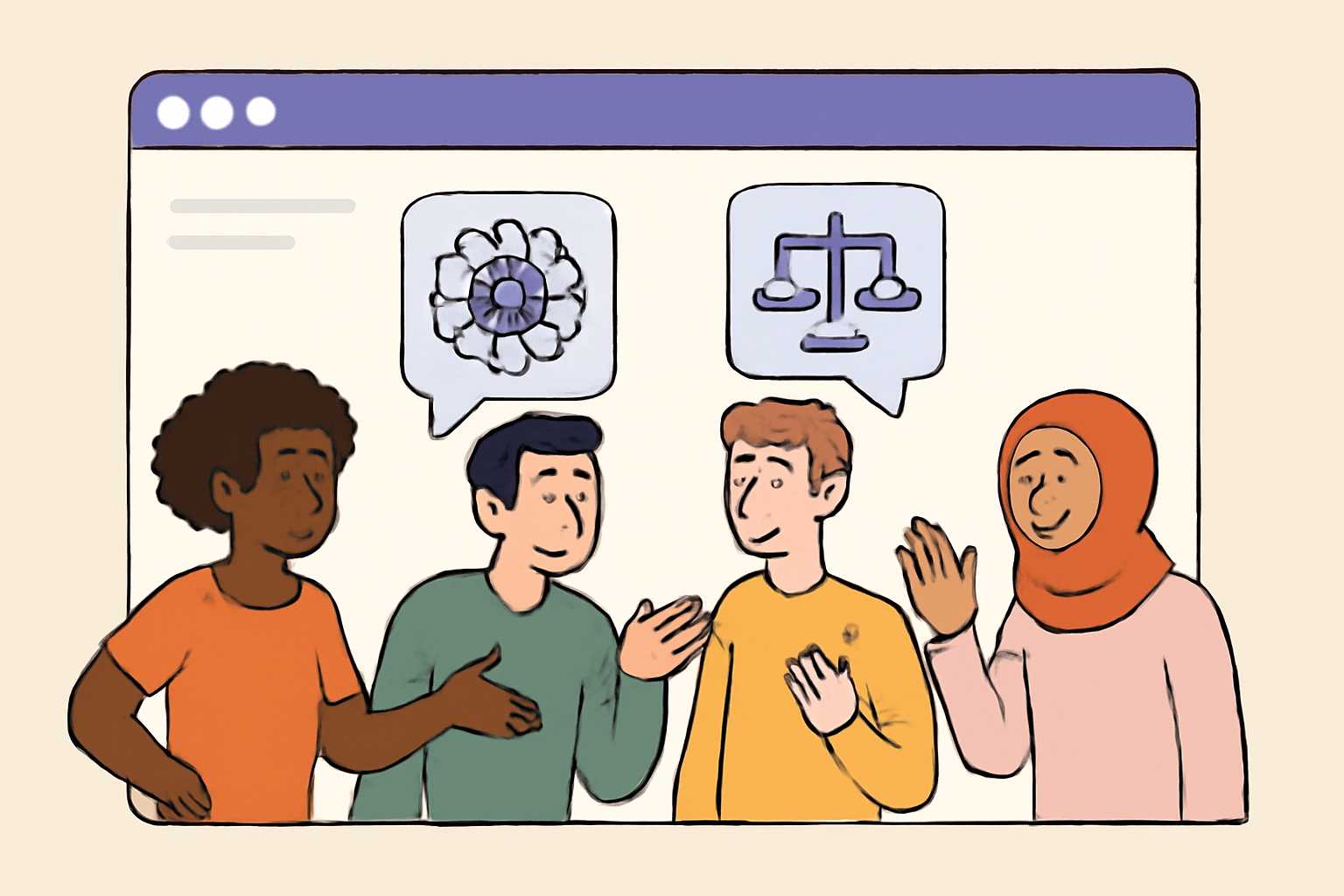 A diverse group of users discussing in a digital forum, with AI and fairness symbols, inclusive and lively
