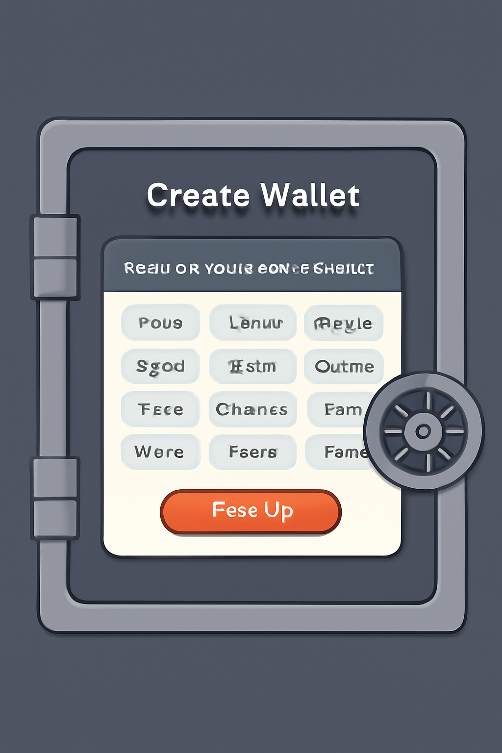 wallet creation interface with seed phrase backup screen, secure vault aesthetic