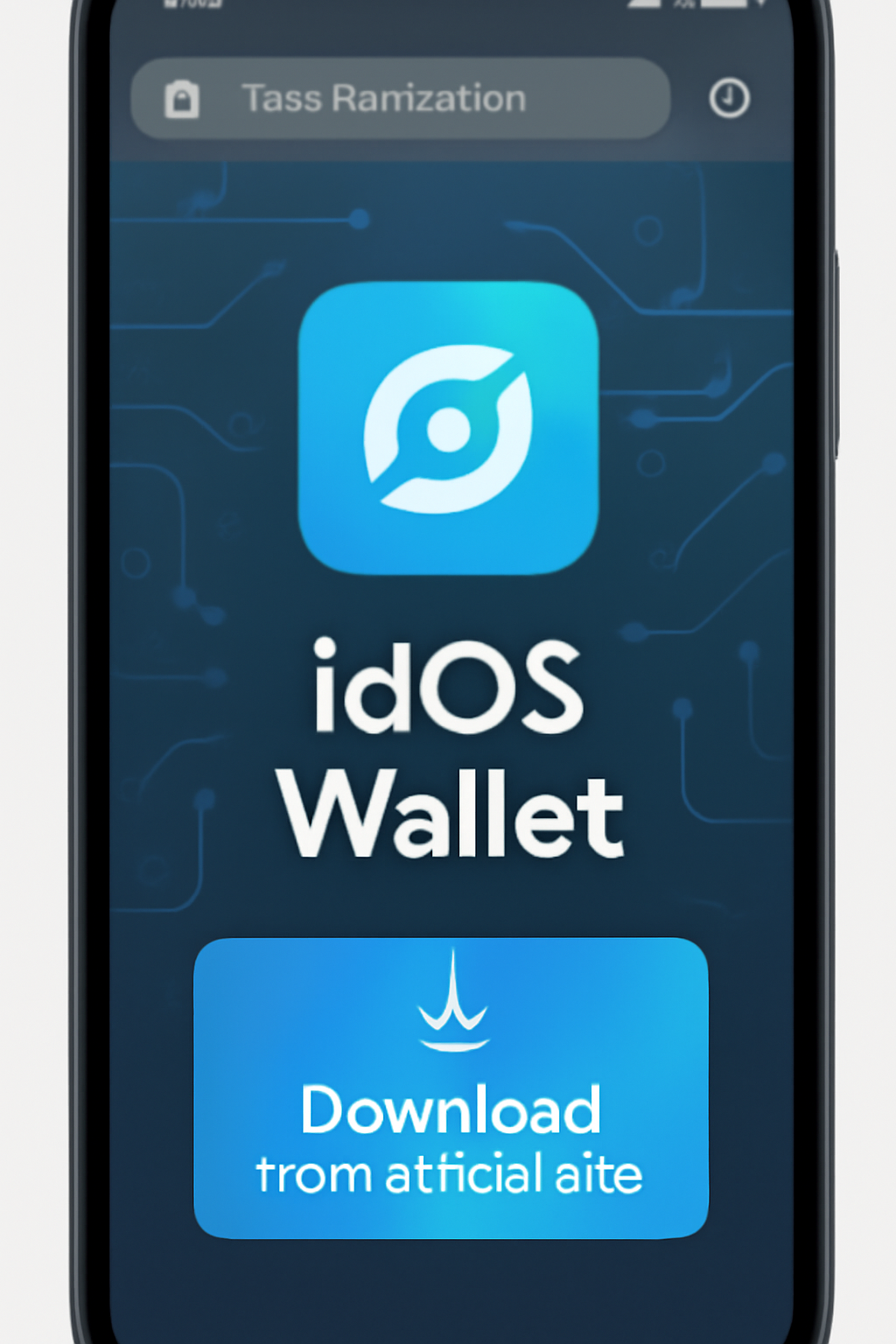 smartphone screen showing idOS wallet app download from official site, futuristic UI