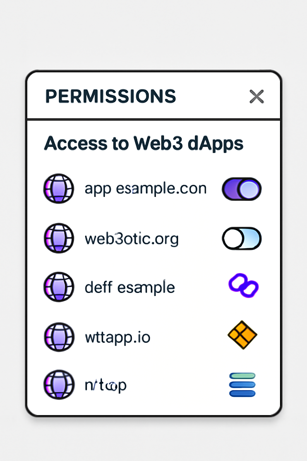 permissions dashboard UI granting access to web3 dApps, chain icons