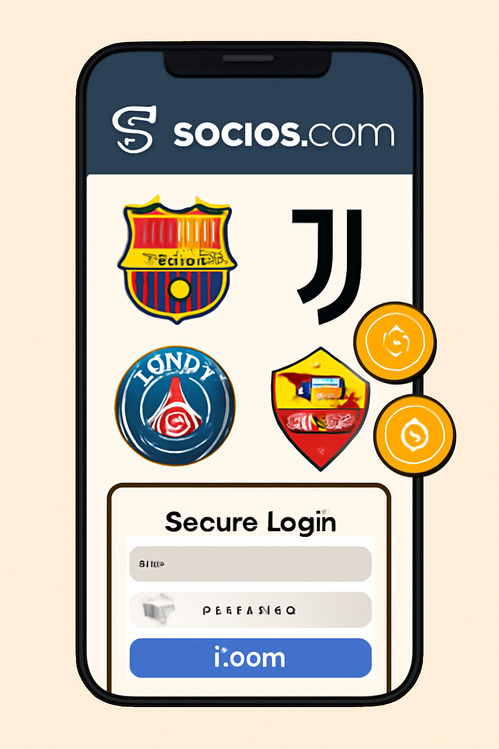 A smartphone displaying the Socios.com app interface with European soccer club logos, digital tokens, and a secure login screen.