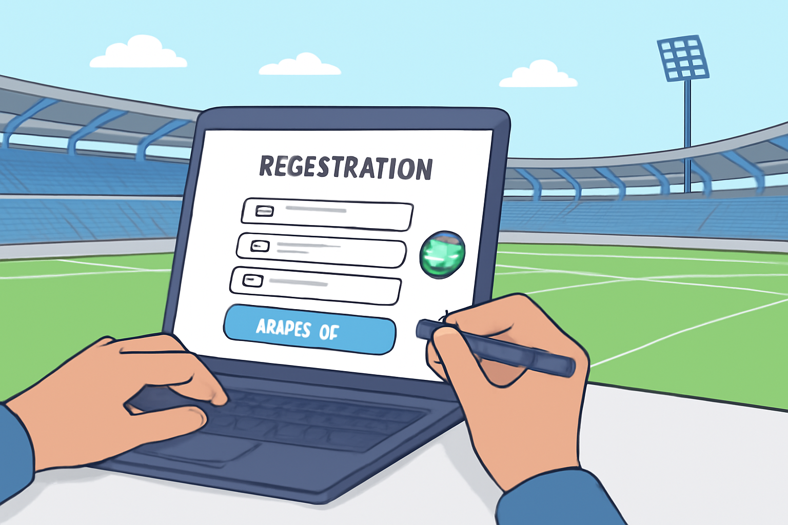 A user filling out a registration form on a laptop, with a verification checkmark and a European soccer stadium in the background.