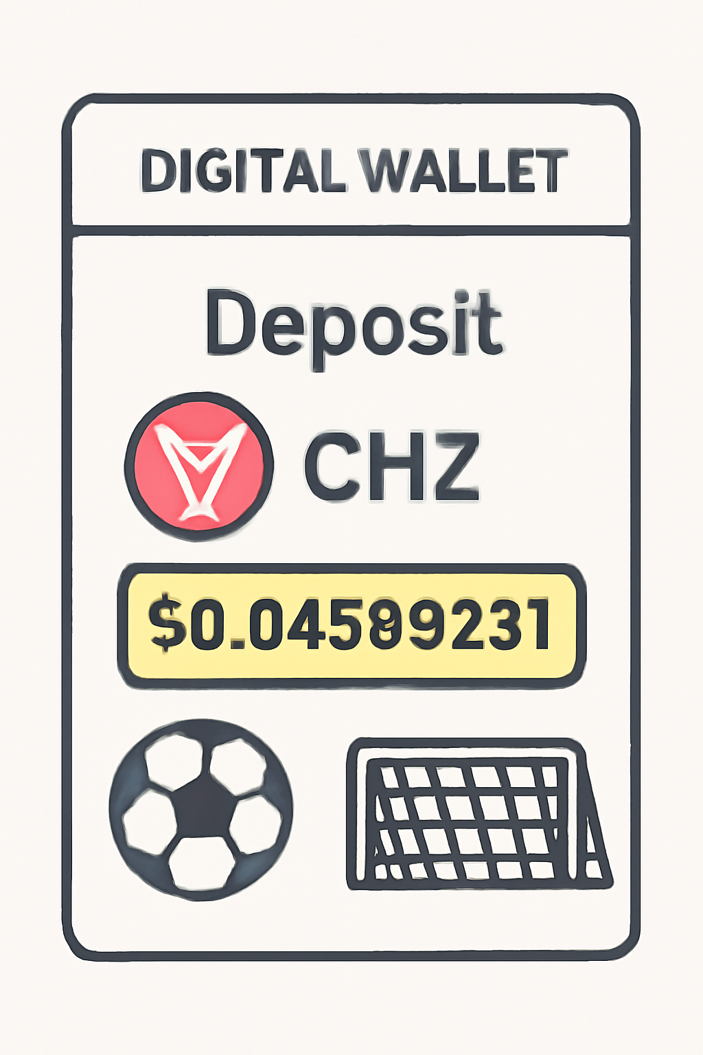 A digital wallet interface showing a deposit of Chiliz (CHZ) tokens, with the price $0.04599231 highlighted and soccer icons.