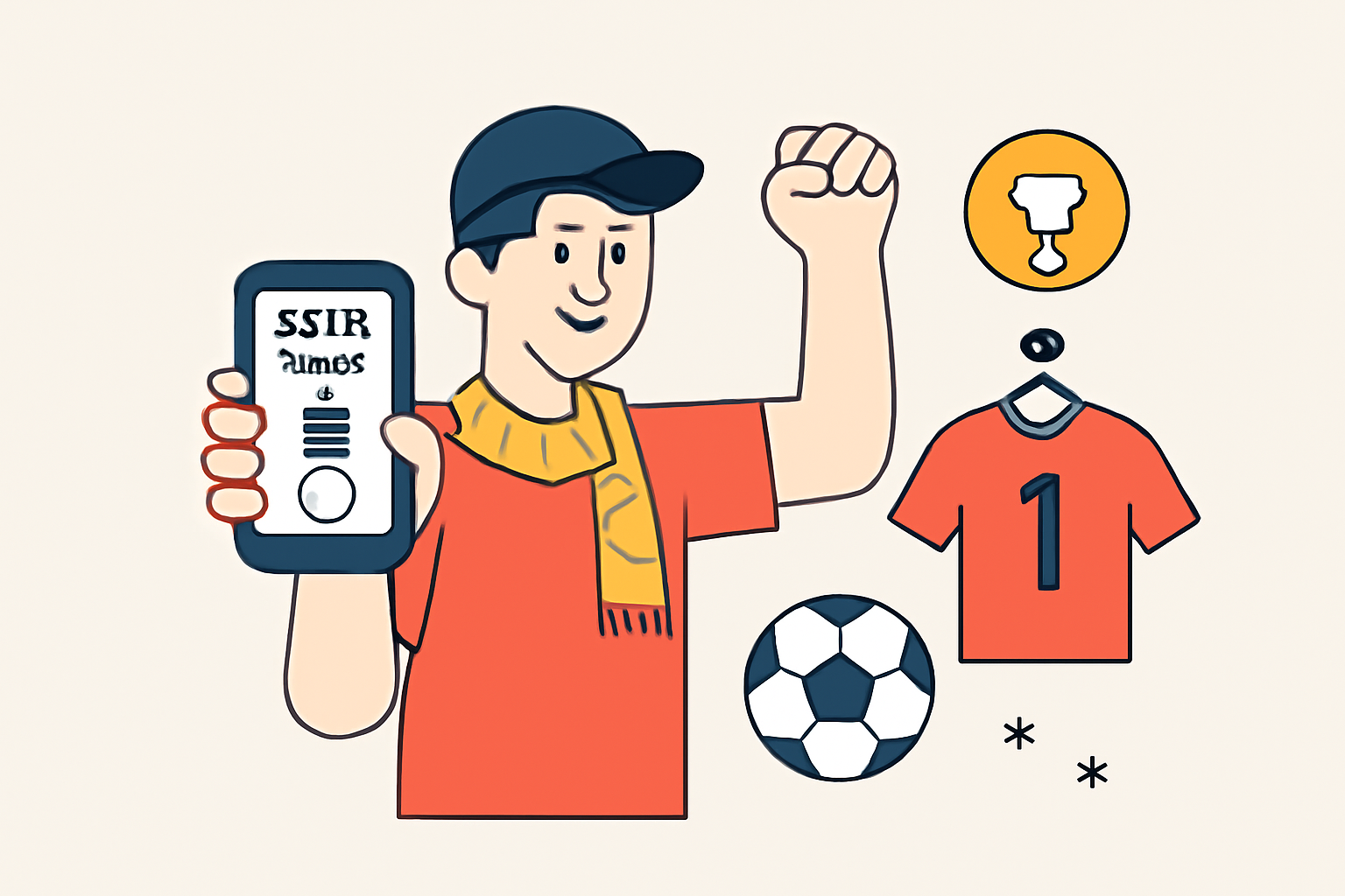 A fan interacting with a club poll on their phone, celebrating with exclusive soccer merchandise and digital rewards.